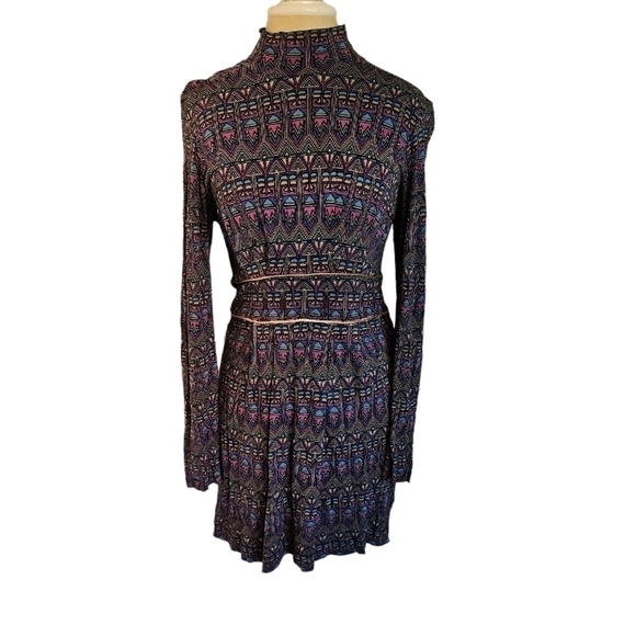French Connection Purple Geometric  Gold Waist Dress size 12 Mockneck - Picture 1 of 4